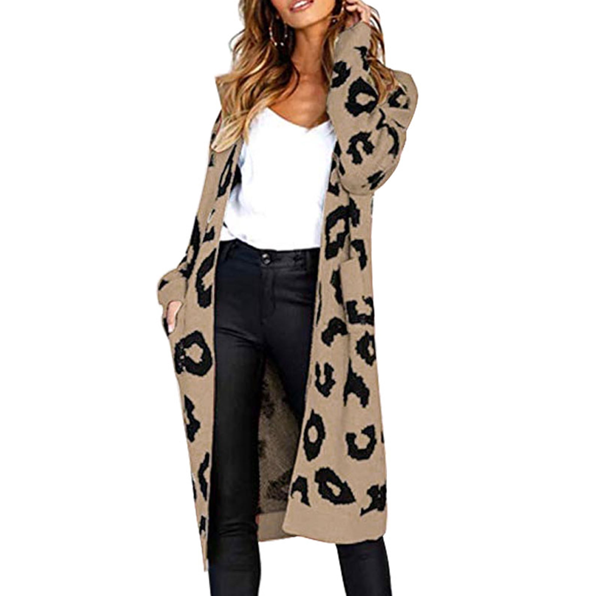 Women's Long Cardigan Ladies Leopard Sweater Long Sleeve Open Basic Knit Coat #A